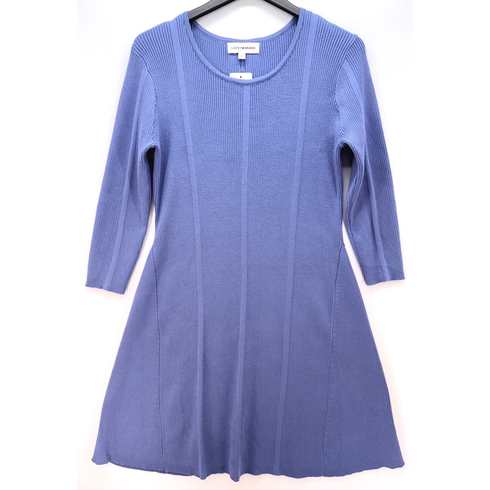 Lucky Brand‎ Blue Ribbed Knit A Line Midi Dress Sz L Minimalist Costal Soft Girl
